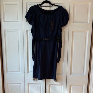 BCBGMaxAzria Navy Blue Midi Dress with Decorative Belt